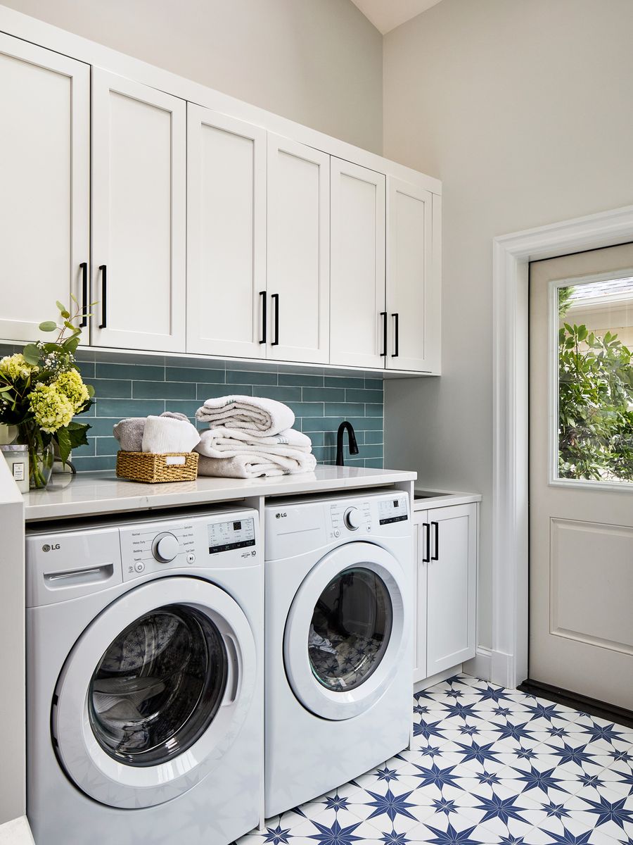 LG washing machine and dryer in a home laundry room